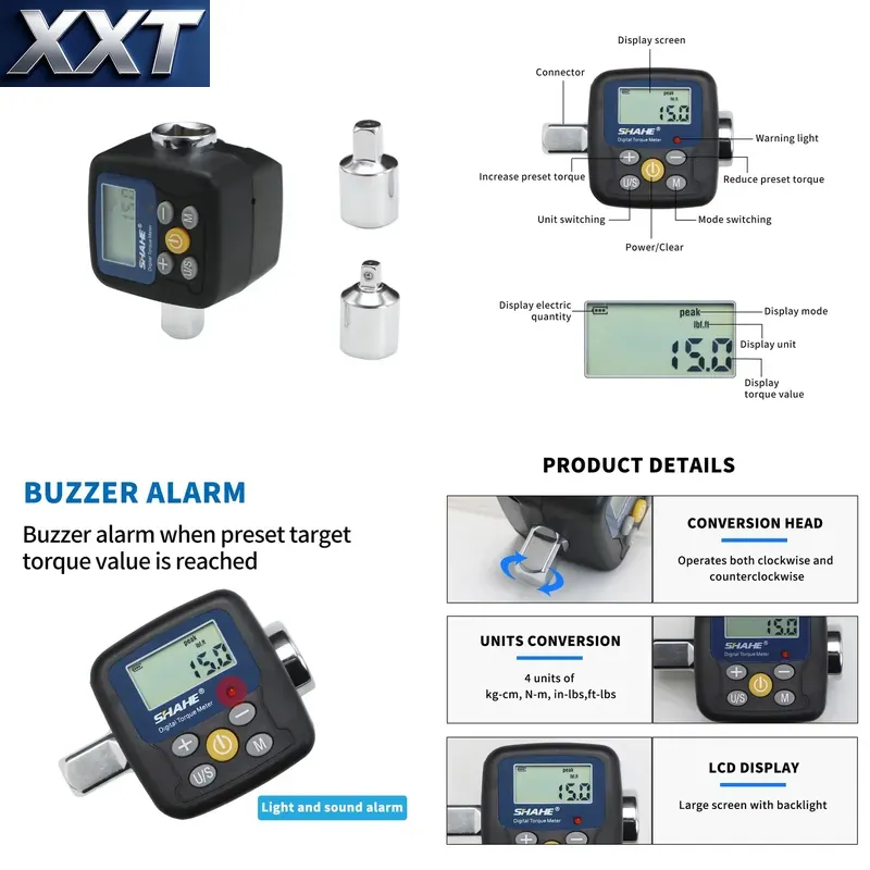 Torque Wrench Digital - XXT Shahe ดิจิตอลทอร์คเวย์ช อะแดปเตอร์เครื่องมือวัดแรงบิดอิเล็กทรอนิกส์ มาพร้อมอะแดปเตอร์สำหรับยานยนต์, จักรยาน,